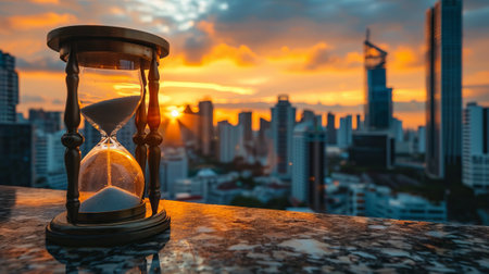 Hourglass with cityscape background at sunset. Time passing concept.の素材