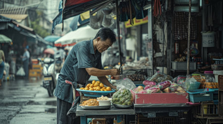 Street vendor selling fruits and vegetables in Hanoi, Vietnamの素材