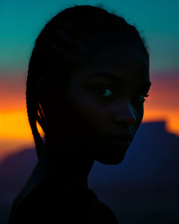 Silhouette of a beautiful young woman with dark hair and blue eyesの素材
