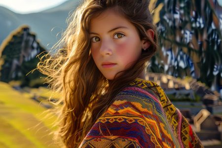 Portrait of a beautiful girl with long hair in a colorful ponchoの素材