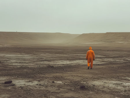 Man in orange raincoat walking in the middle of the desert.の素材