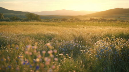 Beautiful sunset over the meadow with wildflowers and mountainsの素材