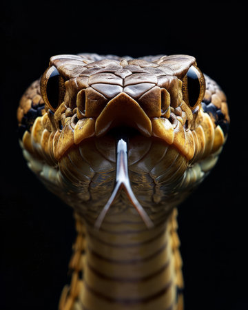 Close-up of the head of a cobra snake on a black backgroundの素材