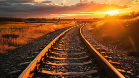 Railway tracks in the field at sunset or sunrise. Beautiful landscape.の素材
