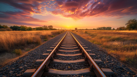 Railway tracks at sunset in the field. Railway to horizon.の素材