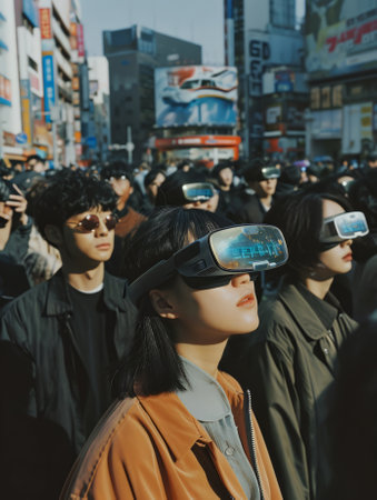 Diverse group of people wearing augmented reality glasses, wearing augmented reality goggles.の素材