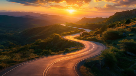 Winding road in the mountains at sunset. Beautiful summer landscape.の素材