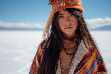 Portrait of a beautiful asian woman in colorful clothes at the salt lakeの素材