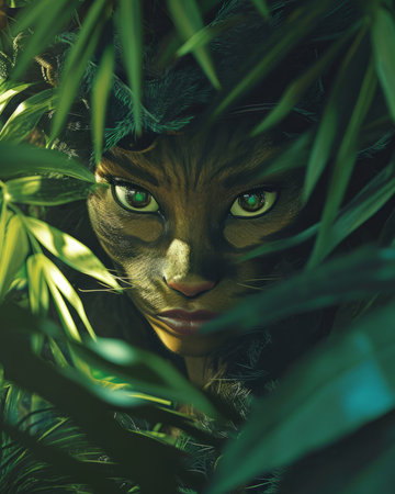 Fantasy portrait of a girl with leopard skin and green leaves.の素材