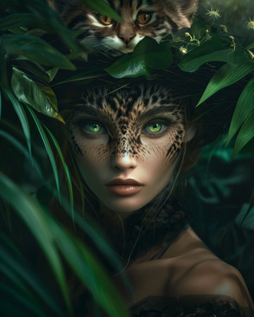 Fantasy portrait of a girl with leopard skin and green leaves.の素材