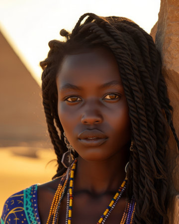 Beautiful young African woman with dreadlocks in traditional clothes in the sunsetの素材