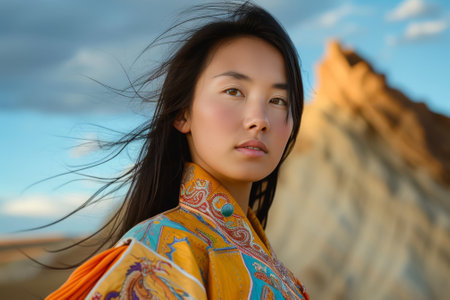 Portrait of a beautiful asian girl in the desert at sunsetの素材