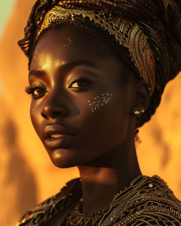 Beautiful African woman with golden skin and turban on head.の素材