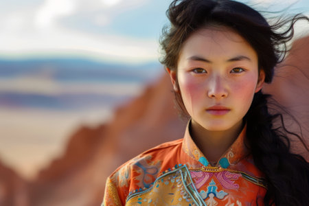 A shot of a beautiful Asian girl in Chinese dress in the desertの素材