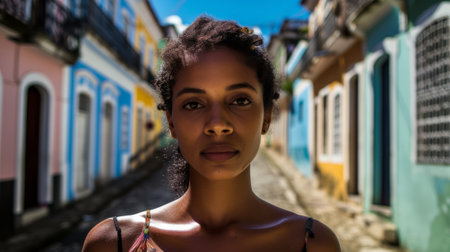 Portrait of a beautiful young african american woman in the streets of Trinidad, Cuba.の素材