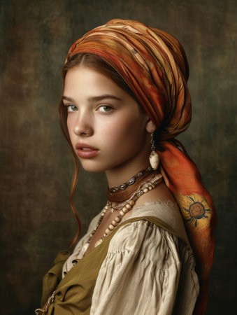 Portrait of a beautiful redhead girl in a turban. Retro traditional clothes.の素材