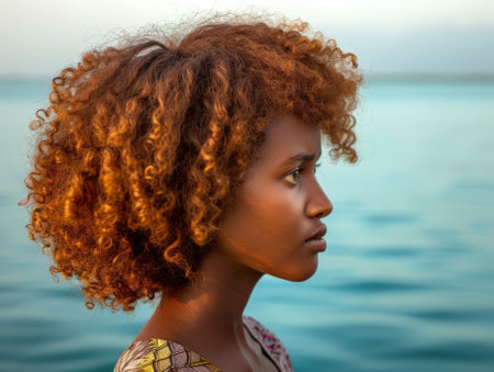 Beautiful african american woman with afro hairstyle on the beachの素材