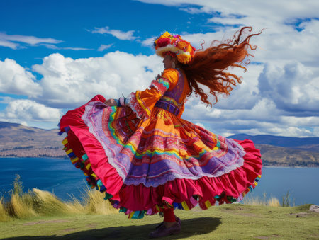 Beautiful woman with long red hair in traditional dress on the background of Lake Titicaca, Boliviaの素材
