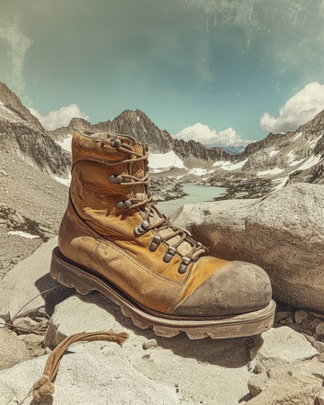 Hiking boots in the mountains. Vintage style toned picture.の素材