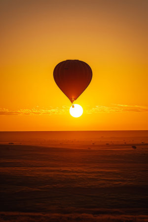 Hot air balloon flying over the sea at sunrise, Cappadocia, Turkeyの素材