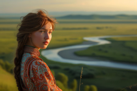 Portrait of a beautiful girl in a dress on the background of the riverの素材