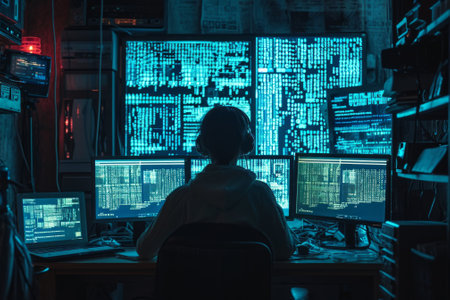 Cyber security concept. Hacker in a dark room with computers.の素材