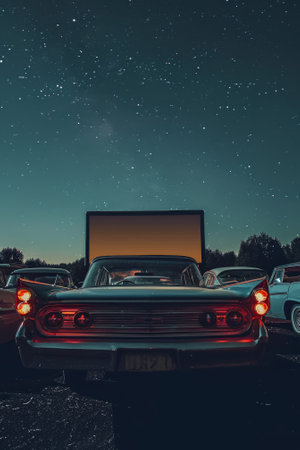 Vintage cars parked in front of a retro cinema at night.の素材