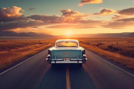 Vintage car on the road at sunset. 3d rendering.の素材