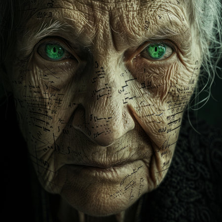 Portrait of an old woman with green eyes, close-up. The concept of loneliness and depression.の素材