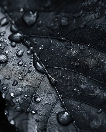 Macro shot of water drops on black leaf. Nature background.の素材