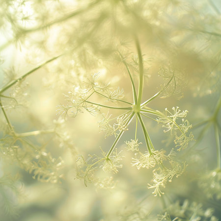 Fennel flower close-up. Nature background. Soft focus.の素材