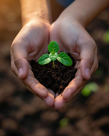 Hands holding young plant with soil in nature background. Earth day concept.の素材