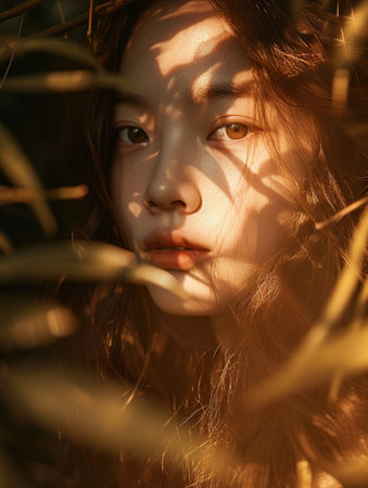 Portrait of a beautiful young woman with long hair in a forest.の素材