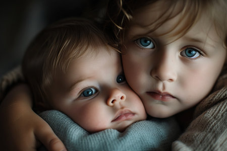 Portrait of two cute sisters with blue eyes lying in bedの素材