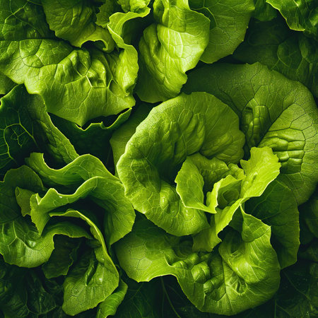 Fresh green lettuce leaves background. Top view. Square crop. Toned.の素材