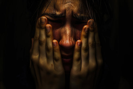 Scary woman with hands covering her face in fear and horror conceptの素材