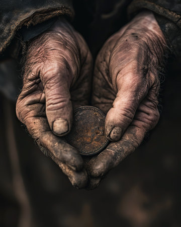Hands of a homeless man with a rusty coin in his hands.の素材