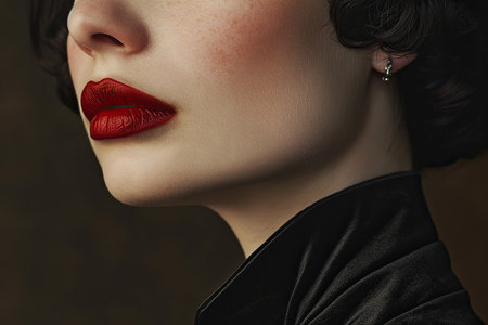 Close-up portrait of a young beautiful woman with red lips.の素材