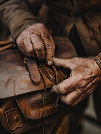 Close-up of an old man working with a leather bag.の素材