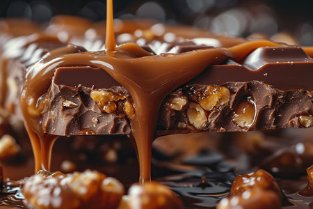 Chocolate bar with nuts and caramel on dark background, closeupの素材