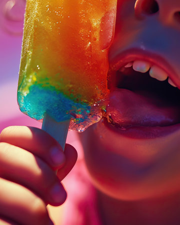 Girl eating ice cream on a stick. Close-up shot.の素材