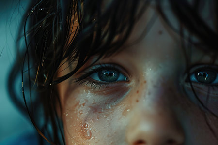 Close-up portrait of a little girl with wet hair and blue eyesの素材