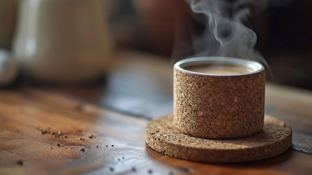 Coffee cup on wooden table in coffee shop, stock photoの素材