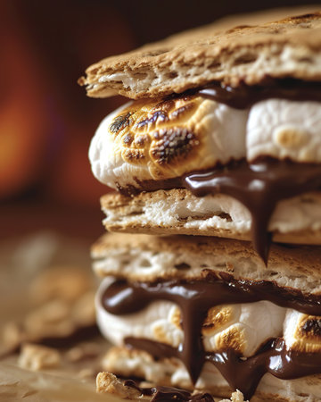 Close up of stack of pancakes with chocolate and marshmallow on wooden tableの素材