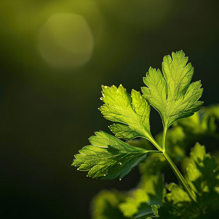 Close up of fresh green parsley leaves on bokeh backgroundの素材
