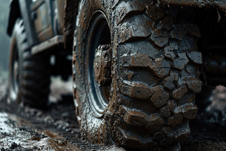 Close-up of the wheel of an off-road vehicle in the mudの素材