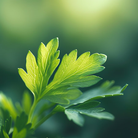 Close up of fresh green parsley leaves on blurred nature background.の素材
