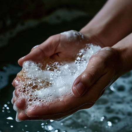 Washing hands with soap in a bathtub, close-upの素材