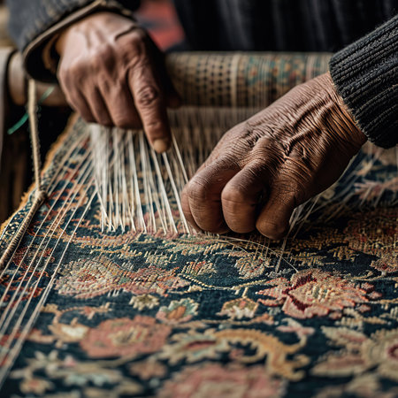 Close-up of the hands of an old woman weaving a carpet.の素材
