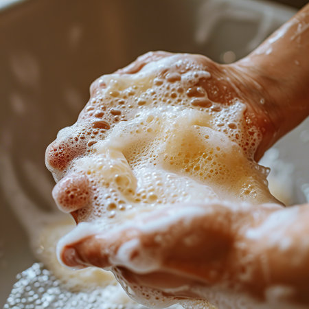 Washing hands with soap and water. Close-up. Selective focus.の素材